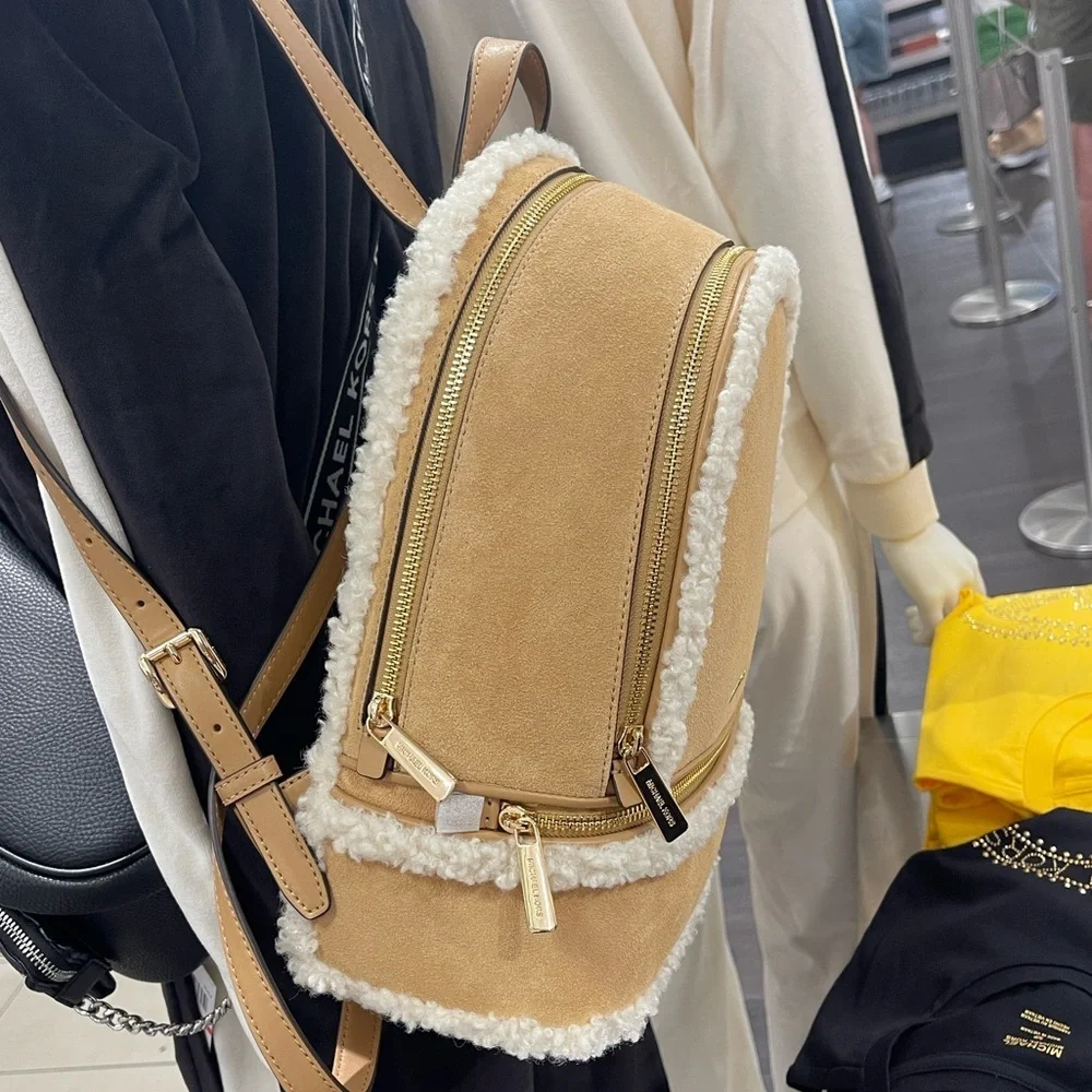 MICHAEL KORS Rhea Medium Suede and Faux Shearling Backpack Peanut  NWT